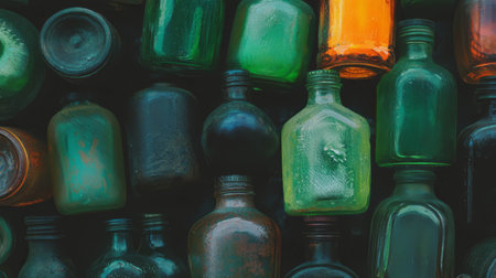 Vibrant collection of antique glass bottles in varied tones and texturesの素材