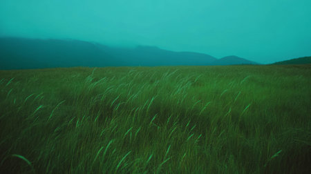 Tranquil green landscape under overcast sky for nature serenity themesの素材