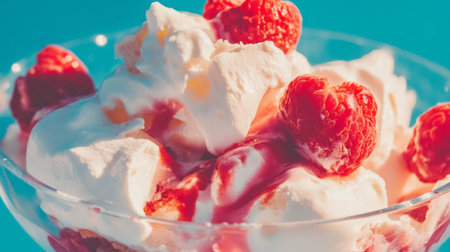 Eton mess dessert with fresh raspberries and meringue on vibrant backgroundの素材