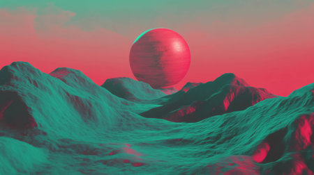 Surreal landscape with floating sphere at sunsetの素材