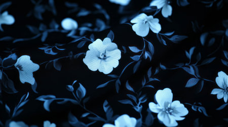 Elegant floral pattern with blue flowers and leaves on dark background for fabric designの素材