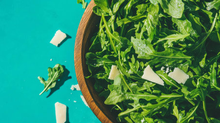 Fresh arugula salad with parmesan cheese on vibrant backgroundの素材