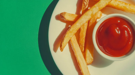 Crispy french fries with ketchup on white plate against green backgroundの素材