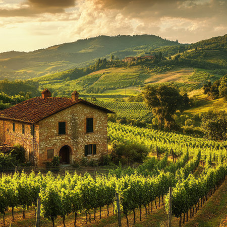 Tranquil italian countryside with rolling hills and rustic stone house in vineyard landscapeの素材