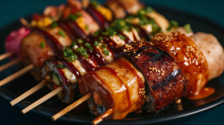 Delicious uramaki sushi rolls on skewers with varied fillings for culinary art and diningの素材