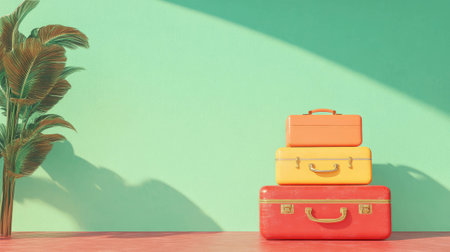Vibrant summer travel concept with stacked suitcases and tropical leaves on pastel backgroundの素材