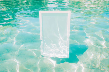 Surreal scene of white frame partially submerged in crystal clear waterの素材