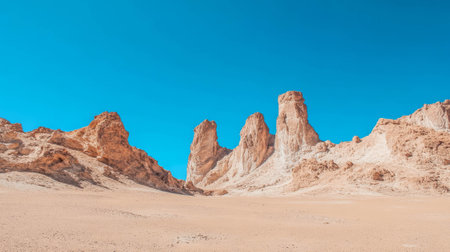 Majestic desert landscape with towering rock formations under a clear blue skyの素材