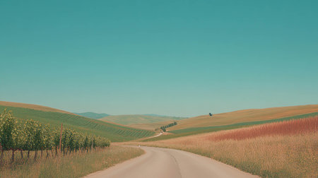 Scenic road through vineyard fields in serene countrysideの素材