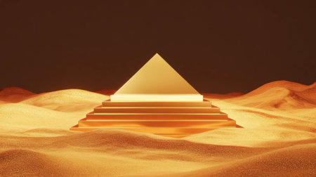 Golden pyramid podium in a desert landscape for luxury design conceptsの素材