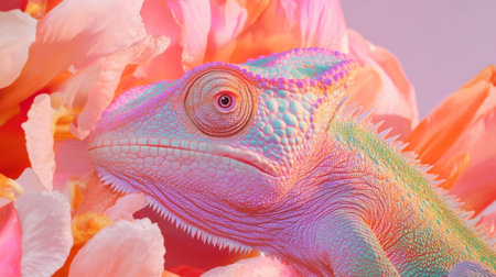 Vibrant chameleon camouflage in colorful blooms for nature designの素材