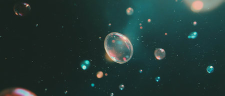 Bubbles floating upwards create a serene contrast against a dark backgroundの素材
