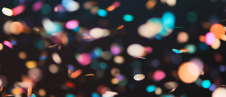 Colorful confetti with light trails and golden motion blur on black backgroundの素材