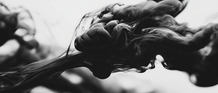 Black ink smudges creating abstract textures against a clean white backgroundの素材
