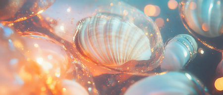 Seashell textures with smooth surfaces and golden glitter in a dreamlike underwater settingの素材