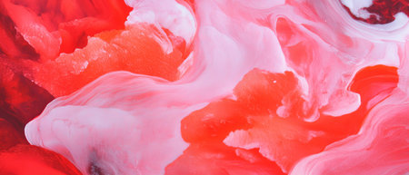 Vibrant ink diffusion with blurred edges and bold red shapes creating dynamic visual flowの素材