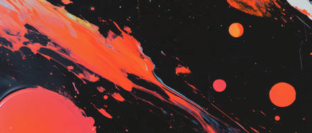 Bright red splatter ink patterns create an abstract backdrop with contrasting shapes and texturesの素材