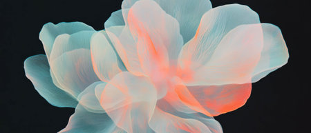 Botanical illustration of translucent flower petals on a dark background with scientific flairの素材