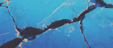 Cracked ice reveals sharp fractures and vivid blue textures in a stunning nature displayの素材