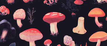 Diverse textures and shapes of colorful mushrooms in a natural settingの素材