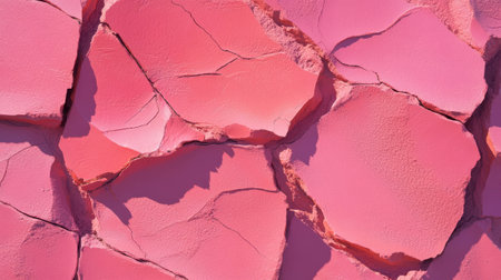 Sun-baked cracked clay wall texture in vibrant pink for artistic background designの素材