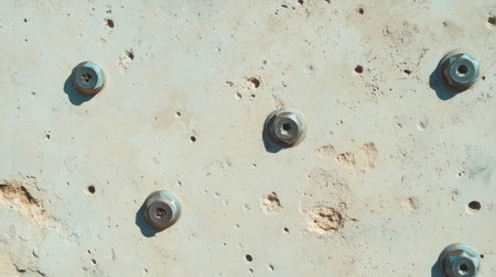 Limestone surface with metal bolts and rough textureの素材