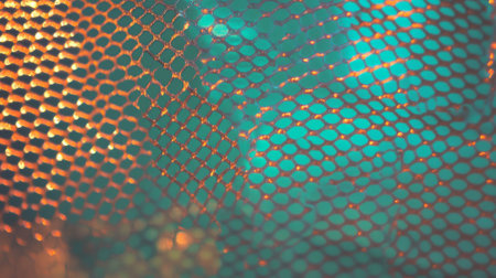 Abstract metal mesh wall with colorful light pattern for creative designの素材