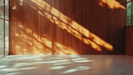 Modern interior design featuring hardwood wall with stone accents and natural lightの素材