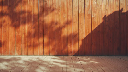 Warm hardwood wall texture with vertical planks and soft shadowsの素材