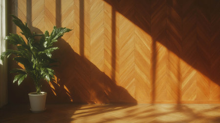 Hardwood wall texture with herringbone pattern and indoor plant in sunlightの素材