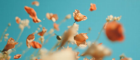 Colorful flower petals swirl gracefully in the gentle wind against a clear blue skyの素材