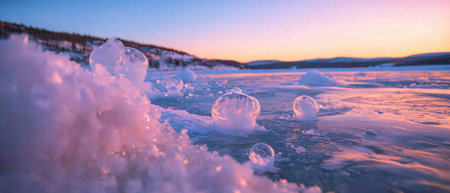 Frozen lake showcasing unique ice bubbles trapped with methane under twilight colorsの写真素材