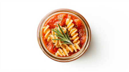 Rosemary garnished tomato sauce with spiral pasta in glass jar - top viewの素材