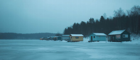 Ice fishing huts dot a frozen lake in winter under overcast skiesの素材