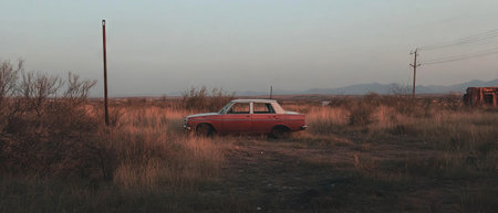 Abandoned vehicles among ghostly ruins in desolate landscapes at duskの写真素材