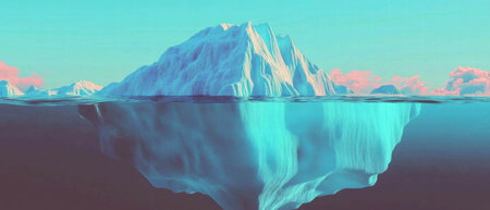 Icebergs drift majestically in the ocean under a clear blue sky amidst cold watersの素材