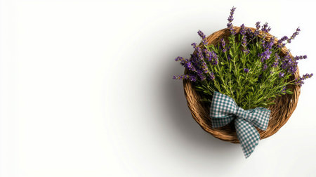 Rustic lavender arrangement in woven basket with gingham bow for home decor or giftの素材