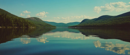 Tranquil lake surrounded by lush mountains reflecting a serene sky at middayの素材