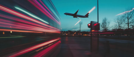 Airplane taking off with long exposure light trails in a dynamic evening skyの素材