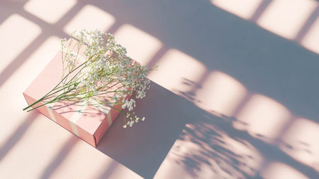 Elegant gift box with delicate flowers and soft shadows for celebrationsの素材