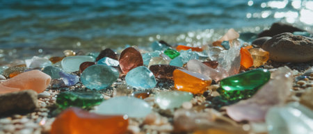Colorful glass beach showcasing unique sea glass under sunlight by the shoreの素材