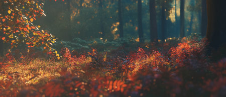 Vibrant autumn forest with colorful foliage and cool, crisp airの素材