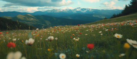 Cinematic landscape of rolling hills adorned with vibrant wildflowers under a bright skyの素材