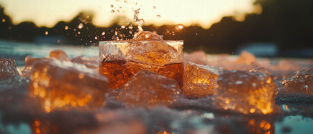 Splash of amber whiskey over ice in a vibrant sunset settingの素材