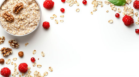 Healthy oatmeal breakfast with berries and nuts on white background for nutrition and wellness conceptsの素材