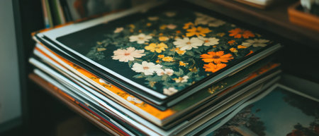 Delicate stationery featuring vibrant floral prints stacked on a wooden shelfの素材