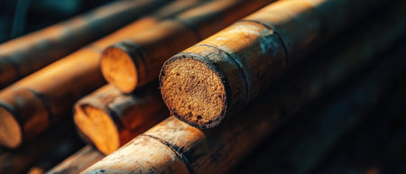 Close-up view of bamboo stalks showcasing natural textures and colors in a serene settingの素材