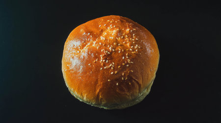 Delicious top view of a fresh hamburger bun on dark backgroundの素材