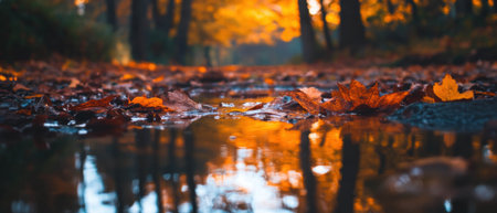 Vibrant autumn foliage reflecting on a tranquil river at sunsetの素材