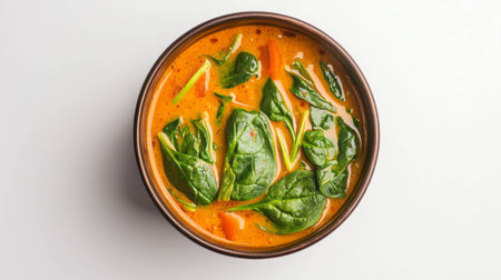 Delicious spinach curry with spices in a bowl on white backgroundの素材